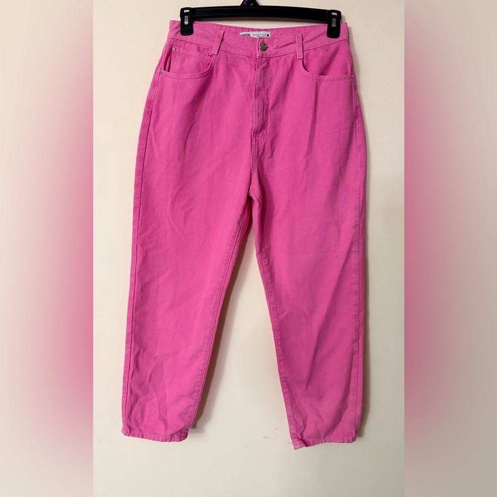 Zara Hot Pink Denim Jeans, size 10, No Stretch, Straight Leg High Rise